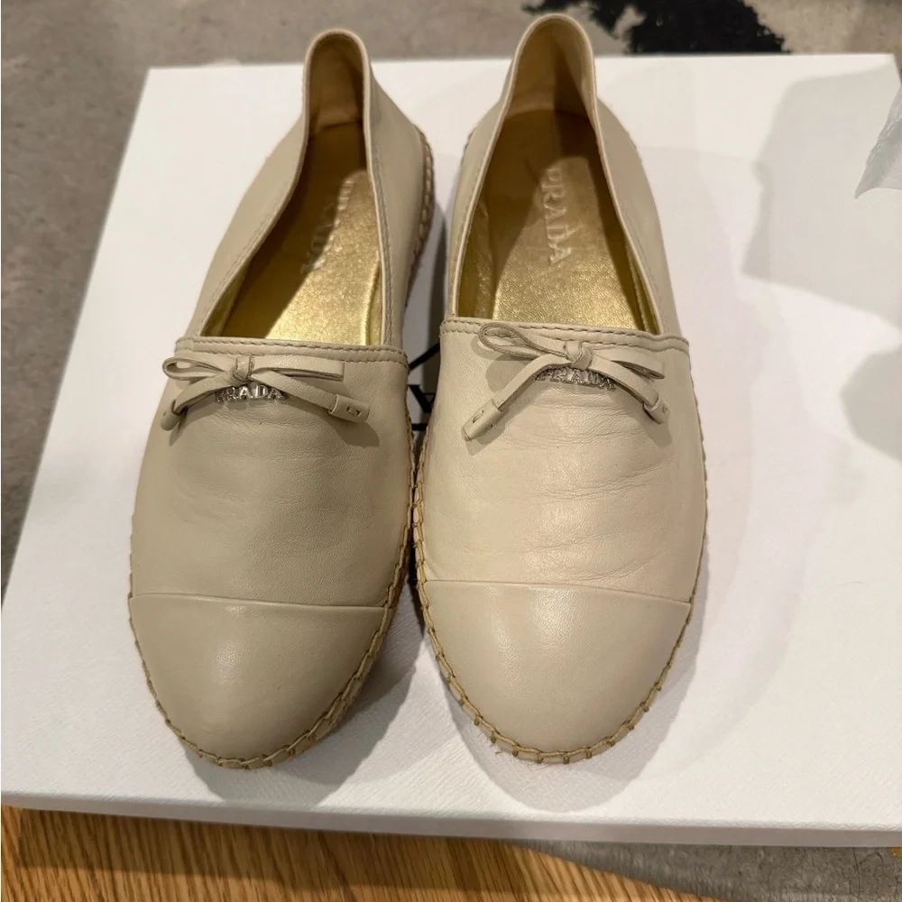 Prada Cream Leather Espadrille Loafers with Bow size 6